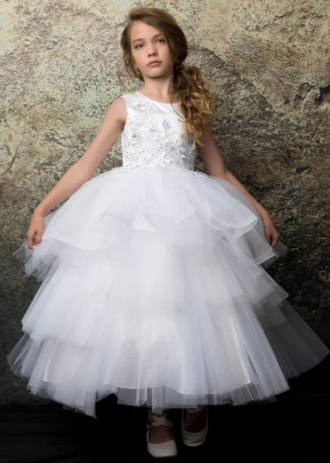 Beaded White Lace Tulle Layered Flower Girl Dress